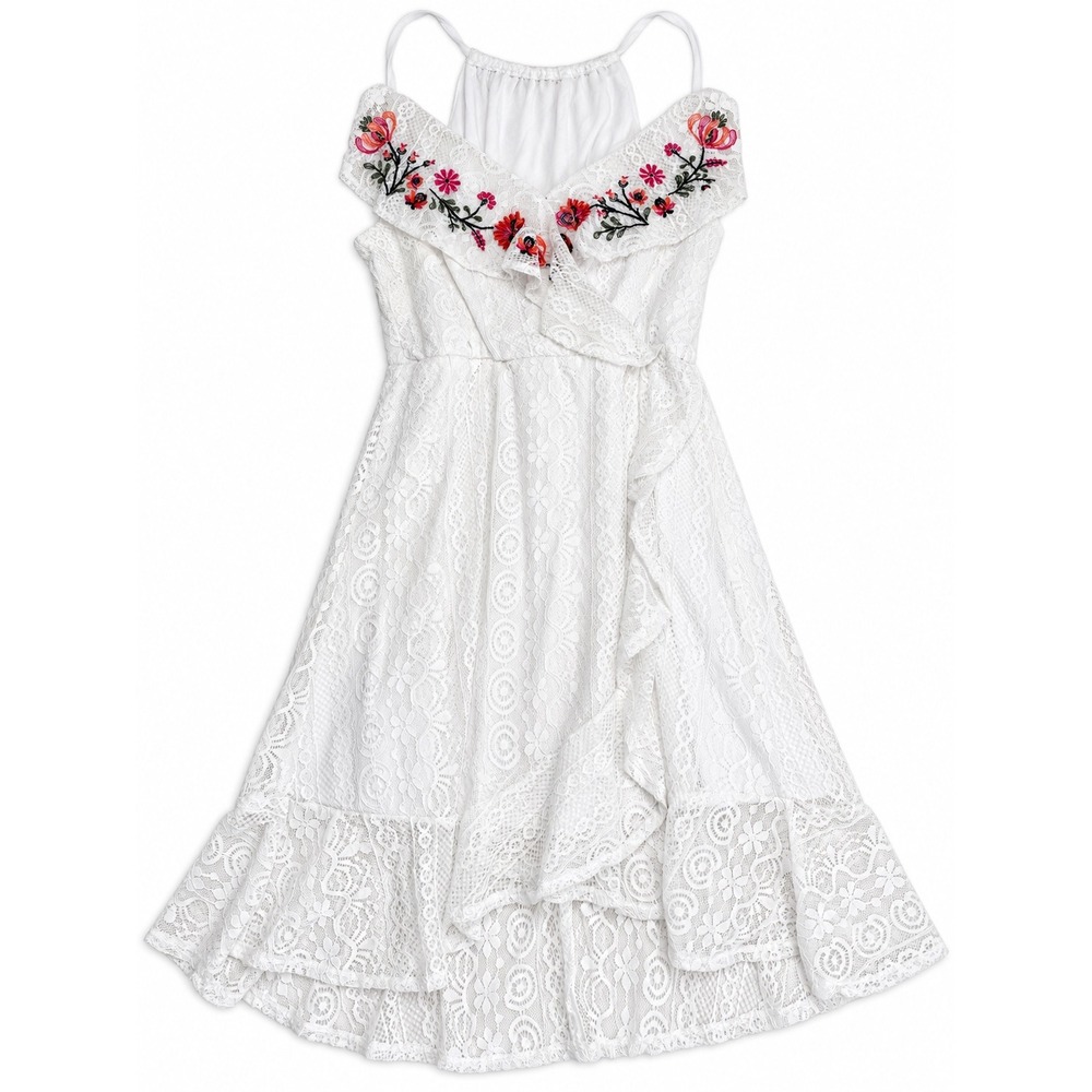 mi ami Francesca's White Lace Embroidered Cold Shoulder High Low Dress Medium